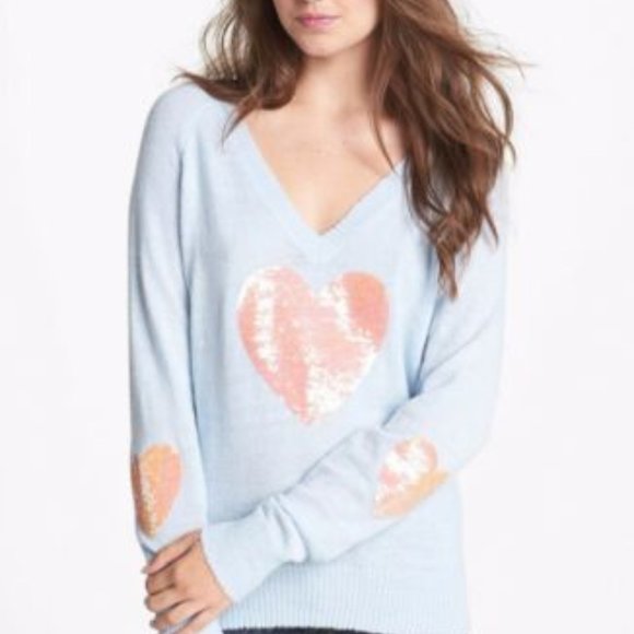 Wildfox Sequin Happy Heart V-Neck Sweater - Picture 2 of 4